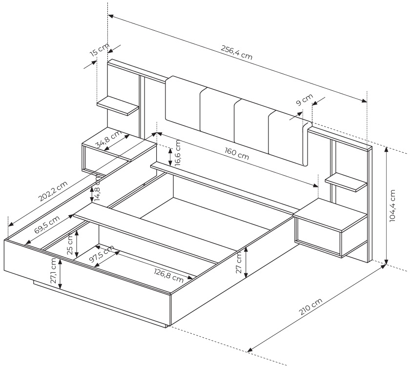 DASTIN Łóżko z pojemnikiem, tapicerowanym zagłówkiem i wbudowanym stolikiem nocnym - zdjęcie produktu